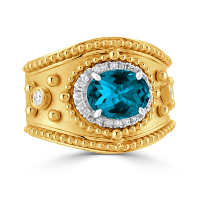 18K WHITE AND YELLOW GOLD DIAMOND RING WITH LONDON BLUE TOPAZ CENTER